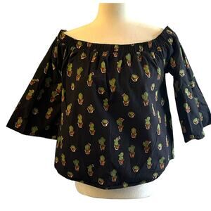 Blue Rain Off the Shoulder Cactus Novelty Print Bell Sleeve S